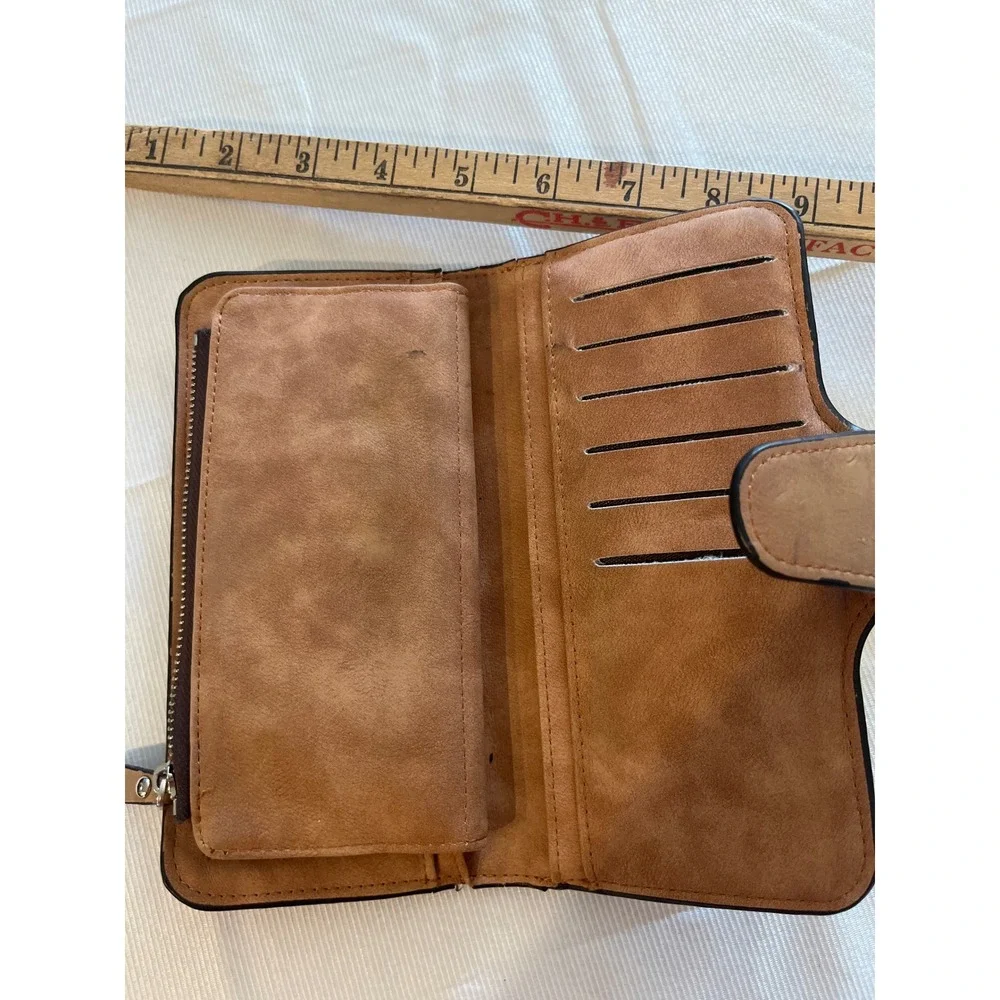 Baellerry Tan‎ Faux Leather Long Bifold Wallet Snap Zip Card Slots ID Window
